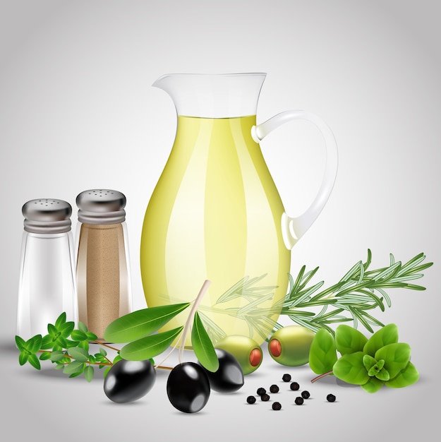 Specerijen en kruiden met een glazen oliefles