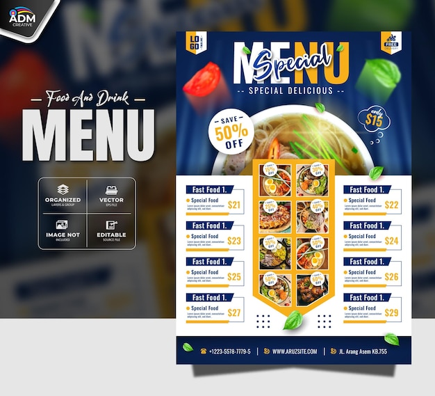 Speciaal eten en drinken restaurant menu Ontwerp sjabloon