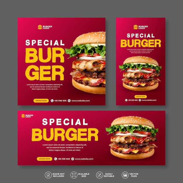 Speciaal heerlijk burgervoedsel restaurant vers heerlijk burgerbanner bundelset voor social media post en instagram verhaal gratis menu promo sjabloon vector