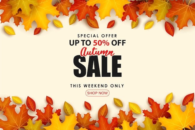 Special autumn sale with scattered 3d leaves.