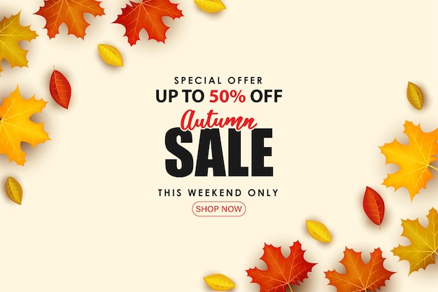 Vendita speciale autunnale con foglie 3d sparse.