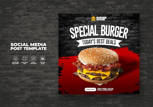 ソーシャルメディアテンプレートベクトル用の特別なハンバーガーフードメニューとポストレストラン