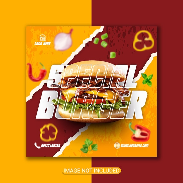 특별 햄버거 템플릿 전단지 및 소셜 미디어 포스트 디자인 또는 Instagram 포스트 디자인 프리미엄 벡터