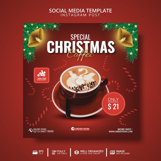 Modello di post sui social media del caffè speciale di natale