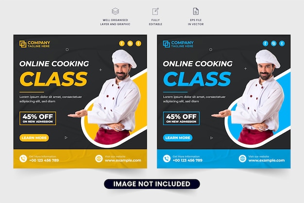 Design di banner web promozionale per lezioni di cucina speciale con i colori giallo e blu design di poster per lezioni di cucina online per il marketing digitale vettore di post sui social media di classe culinaria per la formazione culinaria