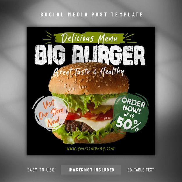 Modello di banner per post sui social media promozionale speciale per hamburger e cibo