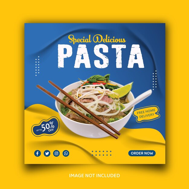 Modello di banner per la promozione sui social media del menu di sconti speciali per la pasta deliziosa