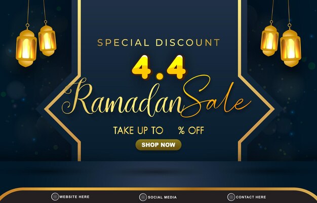 Vettore sconto speciale 0404 banner modello di vendita ramadan con spazio per la copia per la vendita di prodotti con disegno di sfondo blu scuro sfumato astratto