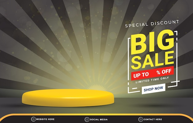Special discount big sale template banner with copy space 3d podium for product sale with abstract gradient black and grey background design