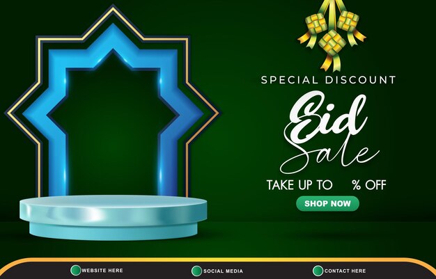 Special discount eid sale template banner with copy space 3d podium for product sale with abstract gradient dark green background design