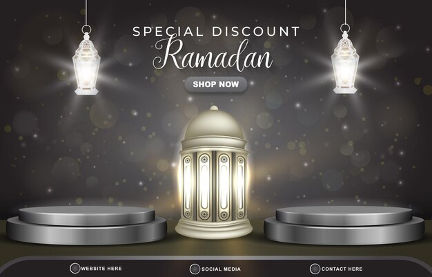 Special discount ramadan sale template banner with copy space 3d podium for product sale with abstract gradient black and white background design