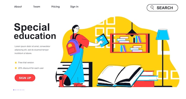 Concetto di educazione speciale per il modello di landing page la donna impara all'università o al programma universitario scena di persone educative inclusive illustrazione vettoriale con design a carattere piatto per banner web