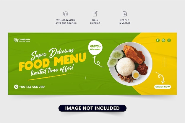 Дизайн шаблона баннера со скидкой на специальную еду с фото-заполнителем Вектор шаблона обложки социальных сетей ресторана с желтым и зеленым цветами Дизайн коммерческого веб-баннера свежих и органических продуктов
