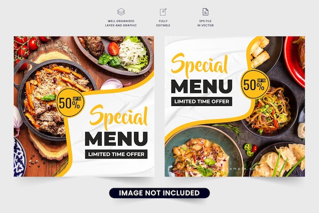 Special food menu promo template design for social media marketing Food discount poster template vector with abstract shapes and photo placeholders Food promo social media post with yellow color