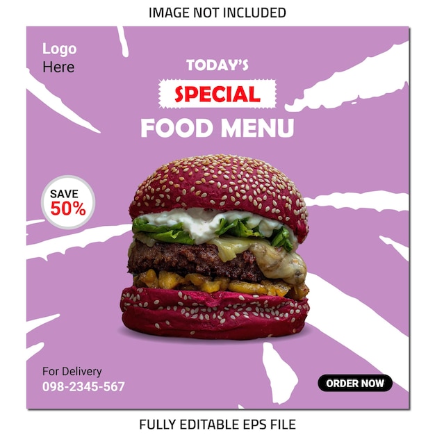 дизайн шаблона поста в социальных сетях специального меню еды, плакат с едой, баннер с едой, баннер с гамбургером