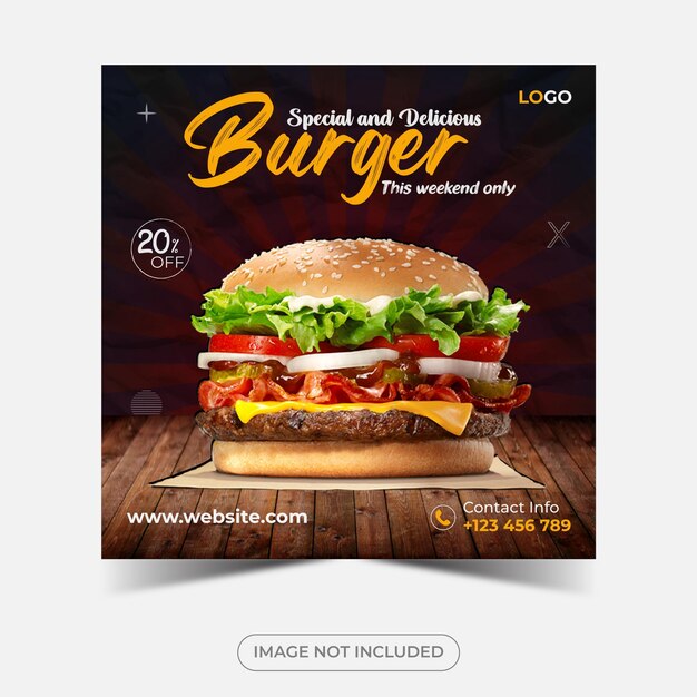 Menu di cibo speciale o post sui social media di cibo piccante e delizioso per hamburger e modello di promozione instagram.