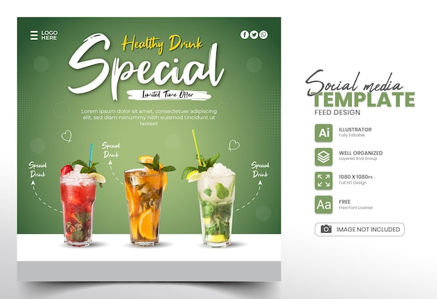 Special fruit drink social media promotion and banner post design template with green background