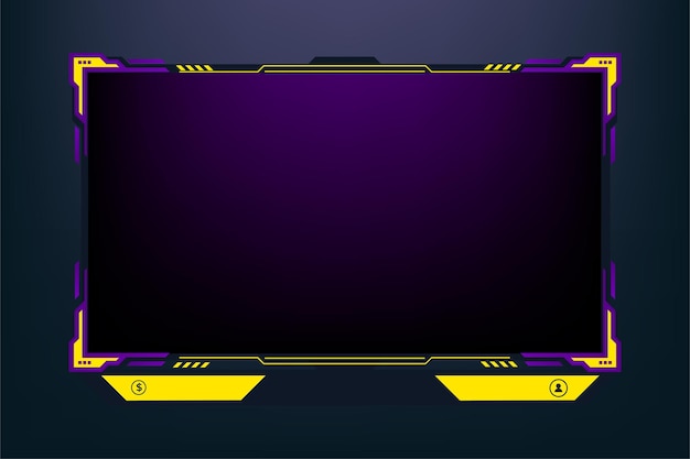 Special gaming overlay design with yellow and purple colors modern streaming frame design with abstract shapes futuristic gaming frame decoration on a dark background with subscribe buttons