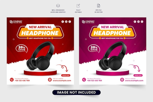 Special headphone sale discount offer template with red and purple colors Headphone promotional web banner design with abstract shapes Modern headphone advertisement social media post vector