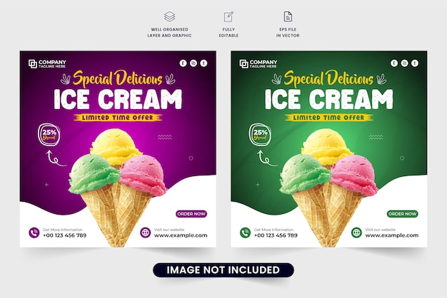 Speciale poster per la promozione del gelato per il marketing digitale modello di sconto per la vendita di gelati e dessert con colori viola e verde vettore di post sui social media per gelati con forme astratte