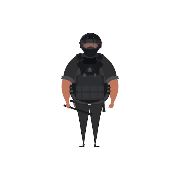 Vector special law enforcement unit man of specialized tactical team dressed in army combat uniform and holding automatic firearm cartoon style vector illustration