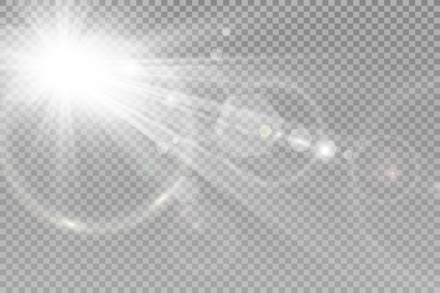 Special lens flash, light effect. The flash flashes rays and searchlight. illust.White glowing light. Beautiful star Light from the rays. The sun is backlit. Bright beautiful star. Sunlight. Glare.