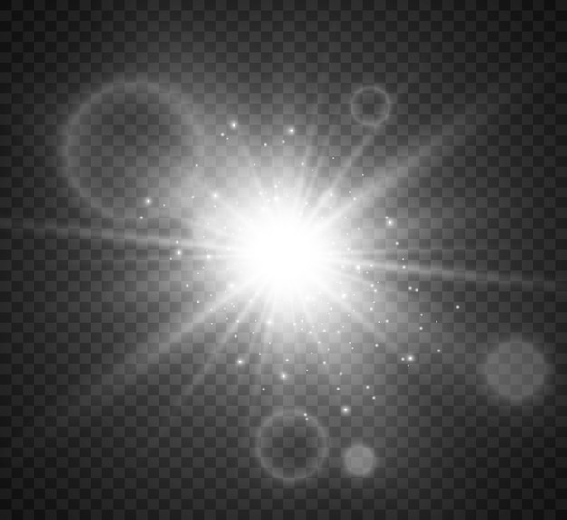 Flash lente speciale, effetto luce. il flash fa lampeggiare i raggi e il proiettore. illust. luce bianca incandescente. bellissima stella luce dai raggi. il sole è in controluce. bella stella luminosa. luce del sole. bagliore.