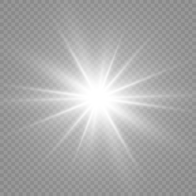 특수 렌즈 플래시, 조명 효과. 플래시가 광선과 탐조등을 깜박입니다. 흰색 빛나는 빛. 아름 다운 별 광선에서 빛입니다. 태양은 역광입니다. 밝고 아름다운 별. 햇빛. 섬광.
