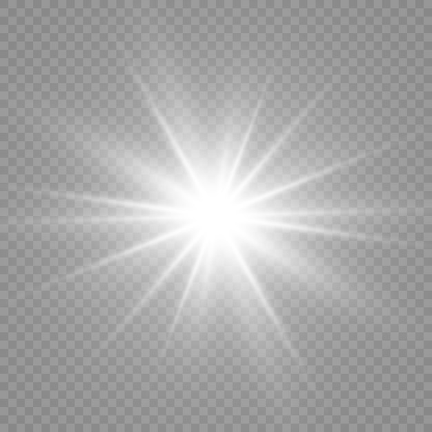 Special lens flash, light effect. The flash flashes rays and searchlight. White glowing light. Beautiful star Light from the rays. The sun is back-lit. Bright beautiful star. Sunlight. Glare.