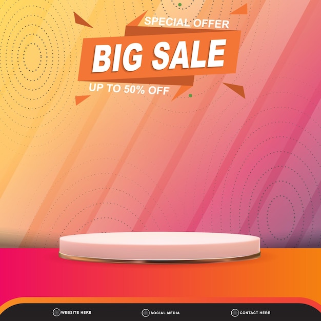 Special offer big sale banner social media template post with blank space 3d podium for product with abstract gradient pink and yellow background design