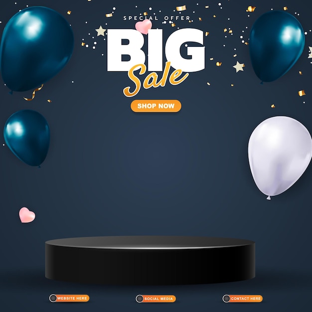 special offer big sale discount template banner with blank space 3d podium for product sale with abstract gradient blue and black background design1