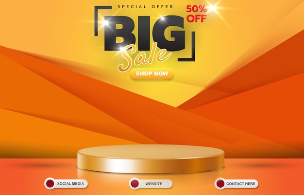 Special offer big sale template banner with blank space 3d podium for product sale with abstract gradient orange and yellow background design