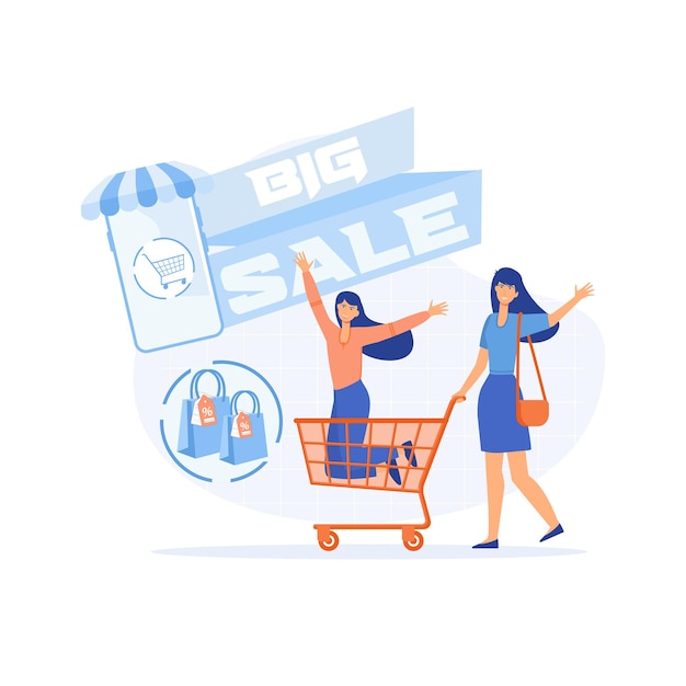 Vector special offer or big seasonal sale, big sale shopping. people shop online. e-commerce and online shopping. flat vector modern illustration