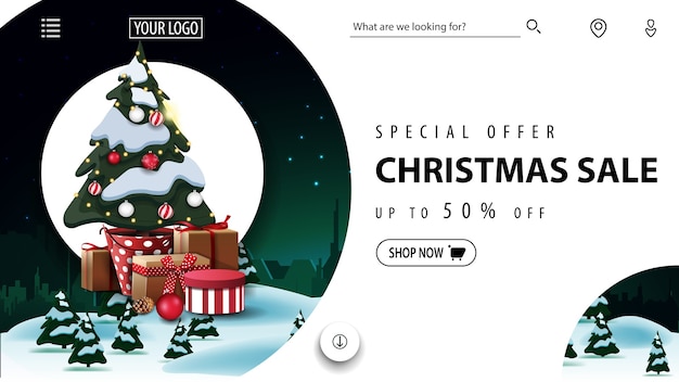 Offerta speciale, saldi di natale, bellissimo sito web per banner sconto con paesaggio invernale e albero di natale in una pentola con doni