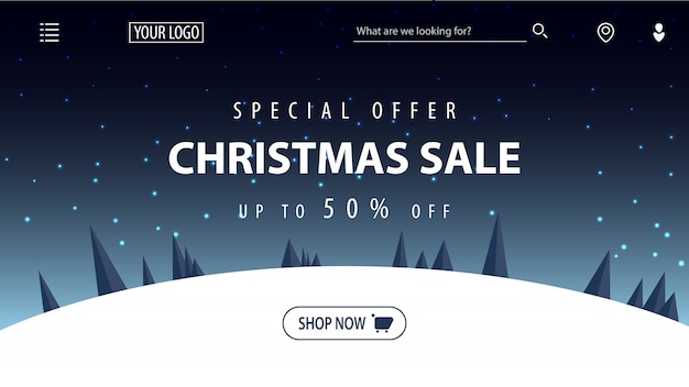 Special offer, christmas sale, up to 50% off, beautiful discount banner with cartoon winter night starry