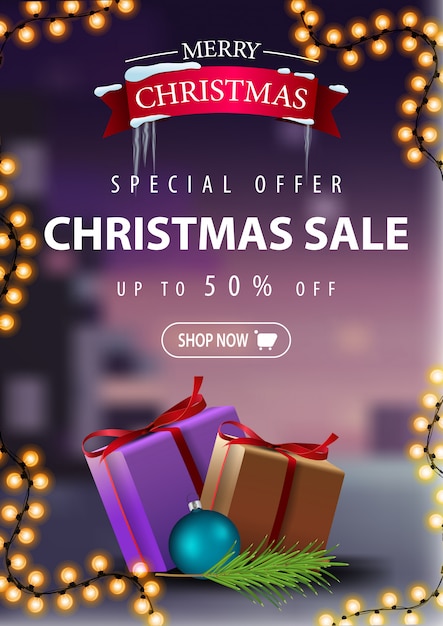 Vector special offer, christmas sale, up to 50% off, beautiful discount banner with garland and presents. vertical discount banner