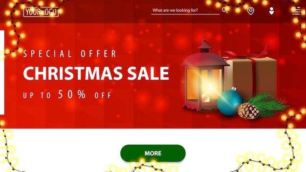 Special offer, christmas sale, up to 50 off, red and white discount banner for website with polygonal texture, garland, green button and antique lamp with present