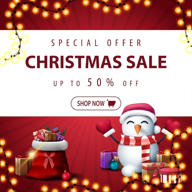 Special offer, christmas sale, up to 50 off, square red discount banner with white horizontal stripe, garland, santa claus bag with presents and snowman in santa claus hat with gifts