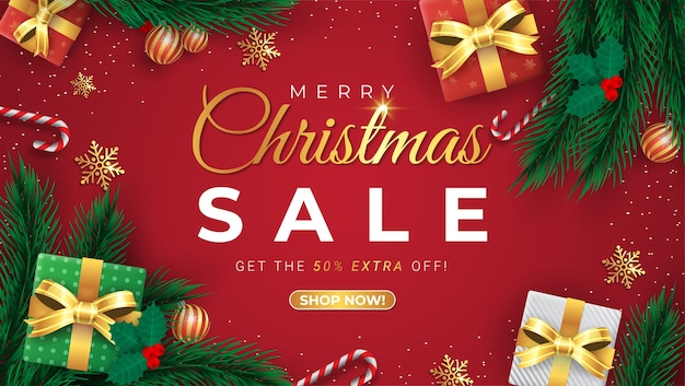 특별 제공, 크리스마스 판매, 최대 50 % 할인, 아름다운 빨간색 할인 배너