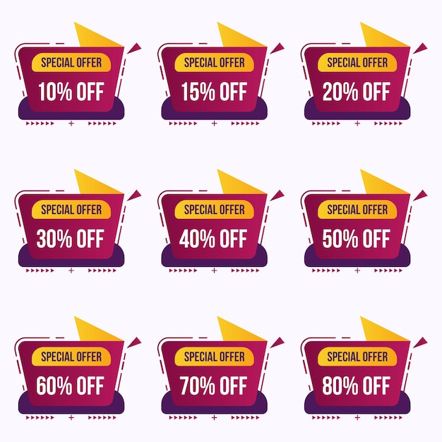 Offerta speciale diversa percentuale di vendita di banner di sconto e set di cartellini del prezzo, fino a 10 di sconto