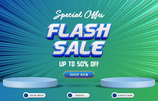 Special offer flash sale template banner with blank space 3d podium for product with abstract blue and green background design