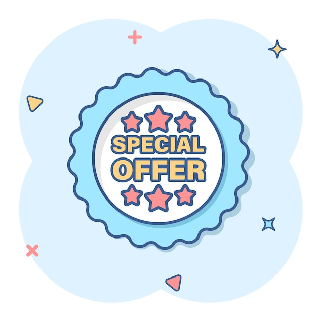 Special offer label icon in comic style Discount banner cartoon vector illustration on isolated background Sale sign business concept splash effect