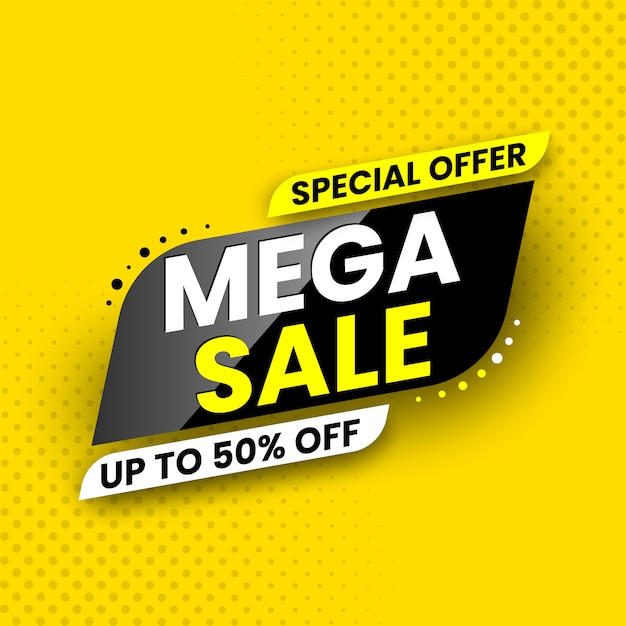 Vector special offer mega sale banner, up to 50% off.