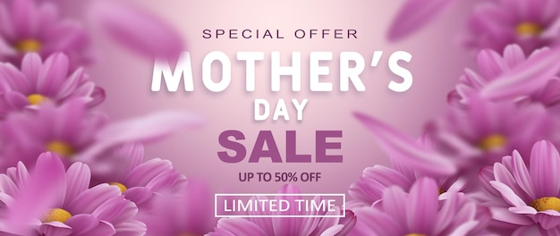 Special offer Mother's day sale banner with realistic chrysanthemum flowers and advertising discount text decoration Vector illustration