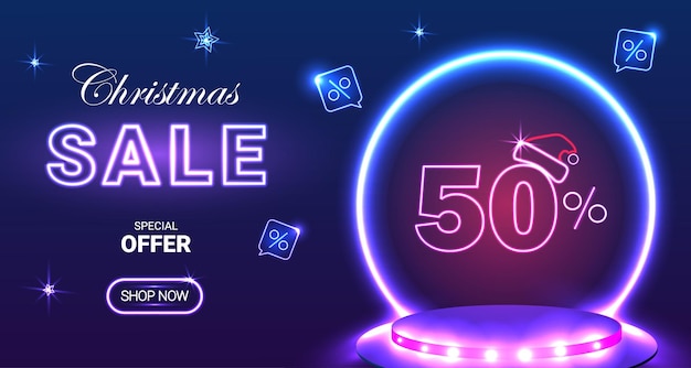 special offer, Neon 50 off sale banner. Sign board promotion. Vector illustration