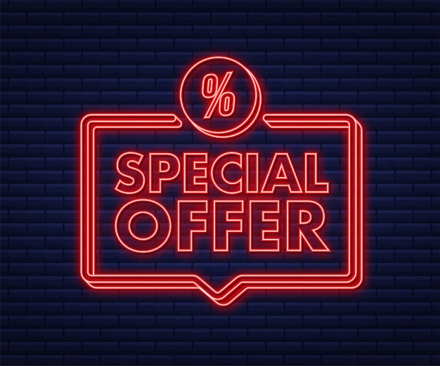 Offerta speciale in stile neon di colore rosso. etichetta sconto. illustrazione di riserva di vettore.