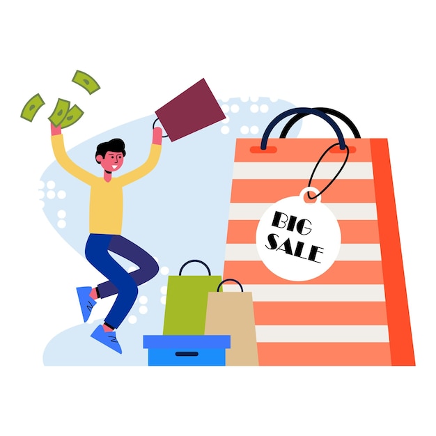 Offerta speciale prezzo ridotto personaggio maschile si rallegra alla grande vendita sconti per i clienti abituali happy shopping time to shop black friday illustrazione vettoriale a colori per la pubblicità