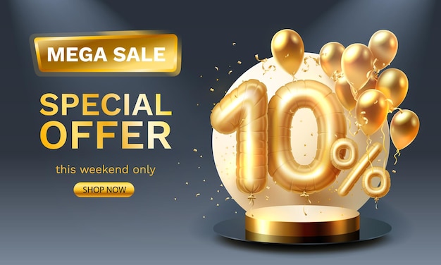 Special offer Sale 10 ballon mega sale golden podium black background Vector