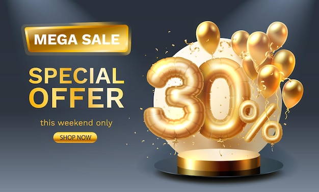 Special offer sale 30 ballon mega sale golden podium black background vector