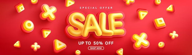 Offerta speciale vendita 50% di sconto banner con carattere di vendita giallo su rosso